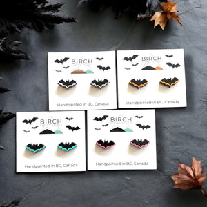 Bat Earrings – Wooden Halloween Studs | Hand Painted Bat Jewelry | Gothic Earrings with Surgical Steel Posts