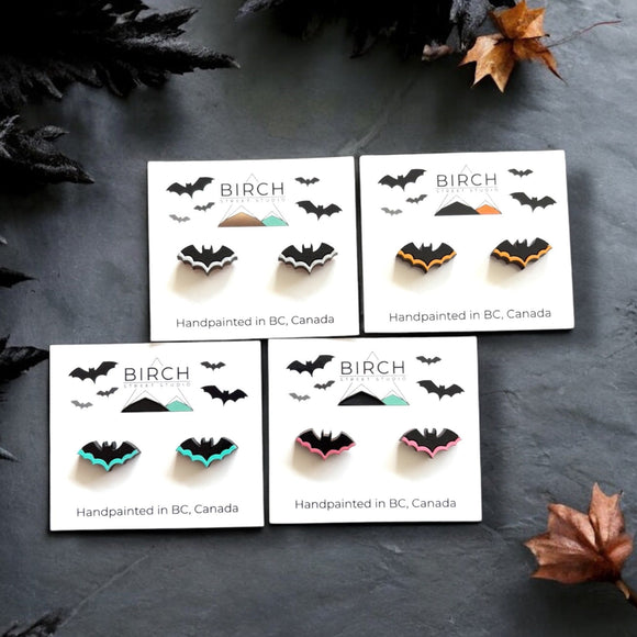 Bat Earrings – Wooden Halloween Studs | Hand Painted Bat Jewelry | Gothic Earrings with Surgical Steel Posts