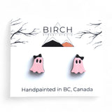 Ghost Stud Earrings, Boojee Ghosts with Bow, Pink and Black Halloween Earrings, Girly Ghosts, Wood Studs with Hypoallergenic Posts