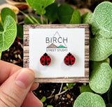 Lady Bug Stud Earrings - Hand Painted Wooden Insect Jewelry with Surgical Steel Posts  (AN)