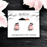 Ghost Stud Earrings, Boojee Ghosts with Bow, Pink and Black Halloween Earrings, Girly Ghosts, Wood Studs with Hypoallergenic Posts