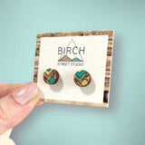 Wood Stud Earrings – Small Geometric Mint Green and Gold Round Wooden Studs Hypoallergenic