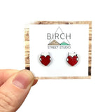 Cat Heart Earrings – Hand Painted Wooden Studs with Surgical Steel Posts  (AN)