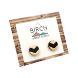 Wood Stud Earrings - Black Gold Chevron Design with Hypoallergenic Posts  (CHEVR)