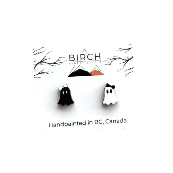 Ghost Stud Earrings, Boojee Ghosts with Bow, Halloween Earrings, Wood Studs with Hypoallergenic Posts, Hand Painted Earrings, Cute Ghosts