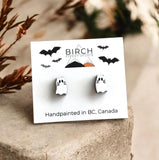 Cat Ghost Earrings, Halloween Cat Hand Painted Wood Studs, Hypoallergenic, Cat Lover Gift,