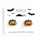 Halloween Cat Pumpkin Earrings, Hand Painted Wood Studs, Cat Jack O' Lantern, Cat Lover Gift, Cat Mom Halloween, Hypoallergenic