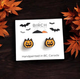 Halloween Cat Pumpkin Earrings, Hand Painted Wood Studs, Cat Jack O' Lantern, Cat Lover Gift, Cat Mom Halloween, Hypoallergenic