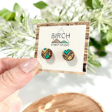 Wood Stud Earrings – Small Geometric Mint Green and Gold Round Wooden Studs Hypoallergenic