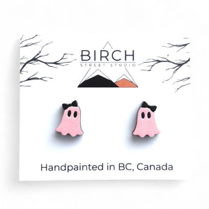 Ghost Stud Earrings, Boojee Ghosts with Bow, Pink and Black Halloween Earrings, Girly Ghosts, Wood Studs with Hypoallergenic Posts