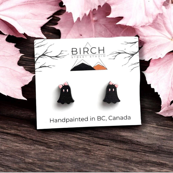 Ghost Stud Earrings, Boojee Ghosts with Bow, Pink and Black Halloween Earrings, Girly Ghosts, Wood Studs with Hypoallergenic Posts