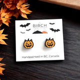 Halloween Cat Pumpkin Earrings, Hand Painted Wood Studs, Cat Jack O' Lantern, Cat Lover Gift, Cat Mom Halloween, Hypoallergenic