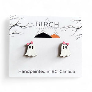 Ghost Stud Earrings, Boojee Ghosts with Bow, Halloween Earrings, Wood Studs with Hypoallergenic Posts, Hand Painted Earrings, Cute Ghosts