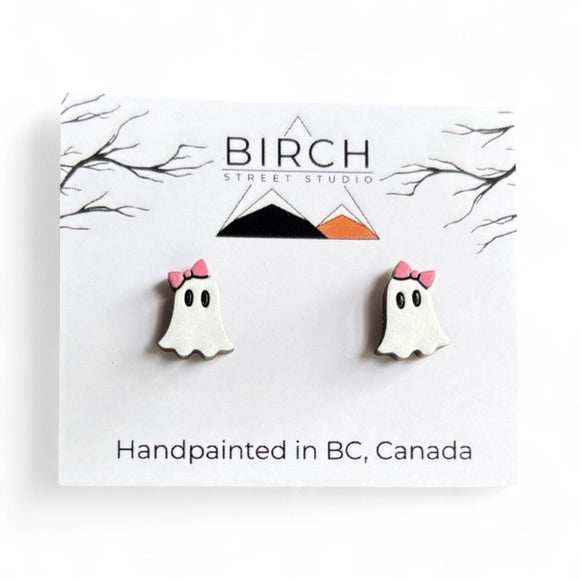 Ghost Stud Earrings, Boojee Ghosts with Bow, Halloween Earrings, Wood Studs with Hypoallergenic Posts, Hand Painted Earrings, Cute Ghosts