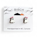 Ghost Stud Earrings, Boojee Ghosts with Bow, Halloween Earrings, Wood Studs with Hypoallergenic Posts, Hand Painted Earrings, Cute Ghosts
