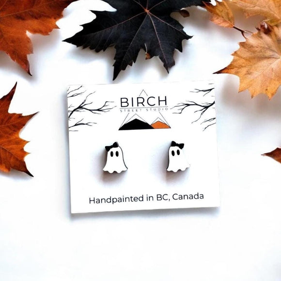 Ghost Stud Earrings, Boojee Ghosts with Bow, Halloween Earrings, Wood Studs with Hypoallergenic Posts, Hand Painted Earrings, Cute Ghosts
