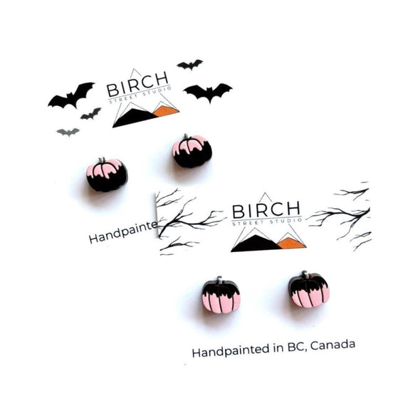 Pink Pumpkin Stud Earrings, Black and Pink Spooky Halloween Pumpkins, Hand Painted Wooden Studs, Pastel Halloween, Drippy Pumpkins,