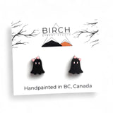 Ghost Stud Earrings, Boojee Ghosts with Bow, Pink and Black Halloween Earrings, Girly Ghosts, Wood Studs with Hypoallergenic Posts