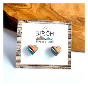 Heart Stud Earrings | Wooden Hearts | Mint and Gold Striped | Nickel Lead Free | Gift for Mom, Girlfriend, Sister, Best Friend | Nickel Free