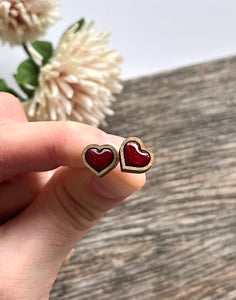 "Gem" Heart Earrings - Ruby Red Glitter and Dark Wood