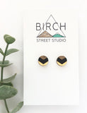 Small Round Geometric Stud Earrings, Chevron Earrings, Black and Gold Dark Wood Studs, Anniversary Gift, Girlfriend Gift | Nickel Free