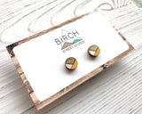 Mustard Earrings, Round Geometric Earrings, Hexagon Stud Earrings, Wooden Earrings, Birthday Gift Idea | Nickel Free