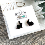Cute bunny rabbit wooden stud earrings. Black bunny earrings for her. Birthday gift idea for daughter, bunny lover. | Nickel Free