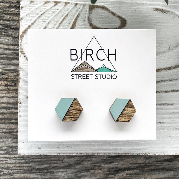 Small Hexagon Stud Earrings, Blue Hexagon Earrings, Dark Wood Studs, Geometric Earrings, Modern Earrings | Nickel Free