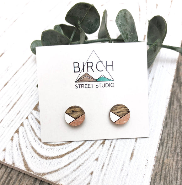 Geometric Round Wood Earrings, Gift for Her, Girlfriend Gift, Boho Earrings, Geometric Earrings, Copper Stud Earrings | Nickel Free