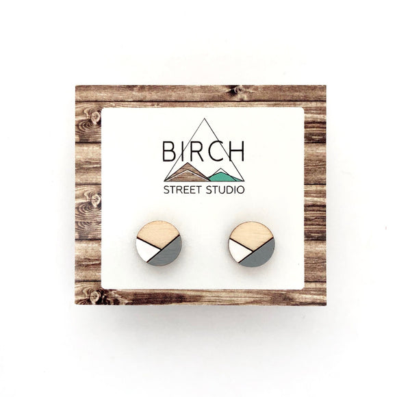 Small Stud Earrings / Birthday Gift / Grey White / Round Wood Geometric Earrings | Nickel Free