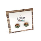 Small Round Geometric Stud Earrings, Chevron Earrings, Moss Green Dark Wood and White Studs, Anniversary Gift, Girlfriend Gift | Nickel Free