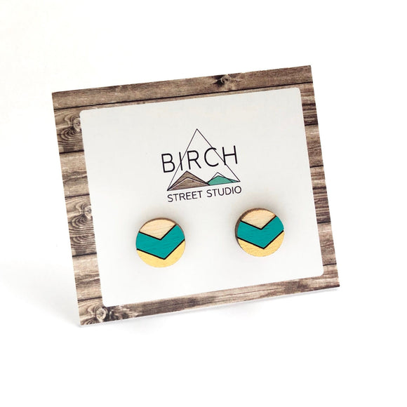 Small round geometric stud earrings | Boho chevron wood earrings | Mint and gold everyday earrings | Birthday gift idea | Nickel Free