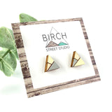 Triangle Earrings Wood / Triangle Stud Earrings / Mismatched Earrings / Geometric Jewelry / Abstract Earrings / Grey and Yellow