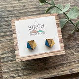 Geometric Earrings, Pentagon Earrings, Small Gold and Blue Minimalist Earrings, Laser Cut Wood Earrings, Small Earrings, Modern Stud Earring