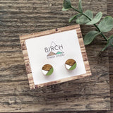 Geometric Stud Earrings, Green Earrings, Small Round Earrings, Wood Earrings, Wood Studs, Laser Cut Wood, Green and White, Dark Wood Earring
