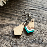 Boho Wood Earrings - Geometric Earrings - Rose Gold Mint and White on Light Wood. | Nickel Free