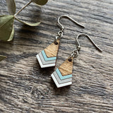 Wood Dangle Earrings | Wooden Drop Earrings | Wood Chevron Earrings | Laser Cut Wood | Light Blue, Silver, White, Dark Wood | | Nickel Free