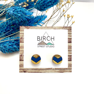 Small Round Geometric Stud Earrings, Chevron Earrings, Navy Blue and Gold, Anniversary Gift, Girlfriend Gift | Nickel Free