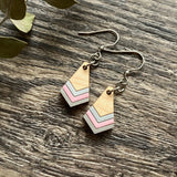 Boho Wood Earrings - Geometric Earrings - Soft Grey, Pink and Silver on Light Wood | Nickel Free