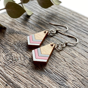 Boho Wood Earrings - Geometric Earrings - Soft Grey, Pink and Silver on Light Wood | Nickel Free