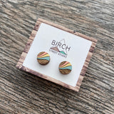 Wooden Stud Earrings | Gifts for Her | Round Wood Earrings | Peach Gold Blue | Retro | Waves | Nickel Free