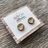 Wooden Stud Earrings | Gifts for Her | Round Wood Earrings | Peach Gold Blue | Retro | Waves | Nickel Free