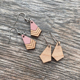 Wood Dangle Earrings | Blush Pink & Light Wood | Boho Bohemian Geometric Earrings | Surgical Steel for Sensitive Ears | Nickel Free