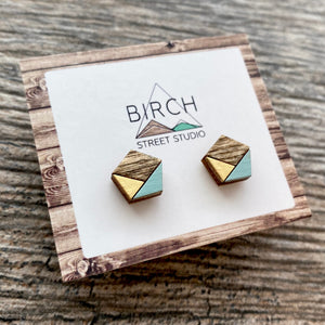 Blue and Gold Earrings | Dark Wood Geometric | Hexagon Studs | Birthday Gift Idea | Nickel Free
