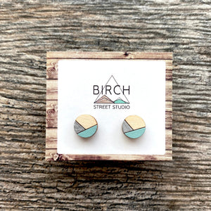 Wood Stud Earrings | Round Geometric | Light Blue and Silver | Anniversary Gift | Trendy Jewelry | Gift for Mom, Best Friend, Girlfriend