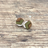 Small Round Geometric Stud Earrings, Chevron Earrings, Moss Green Dark Wood and White Studs, Anniversary Gift, Girlfriend Gift | Nickel Free