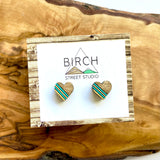Heart Stud Earrings | Wooden Hearts | Black and Gold Striped | Nickel Lead Free | Gift for Mom, Girlfriend, Sister, Best Friend