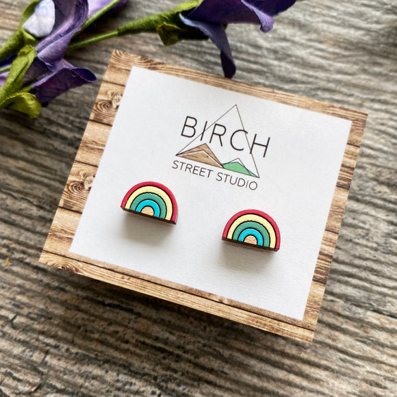 Rainbow Earrings | Rainbow Studs | Pride LGBTQ Jewelry | Rainbow and Cloud | LGBTQ+ | Wooden Earrings | Nickel Free