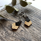 Boho Chevron Wood Dangle Earrings- Grey Pink & Silver