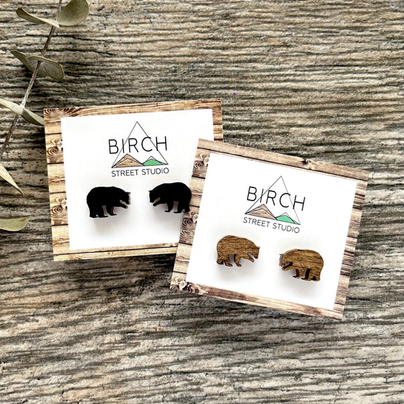 Brown Bear Earrings | Black Bear | Grizzly Bear | Wood Stud Earrings | Wildlife Nature Lover Gift for Her | Girlfriend Gift | Camping |